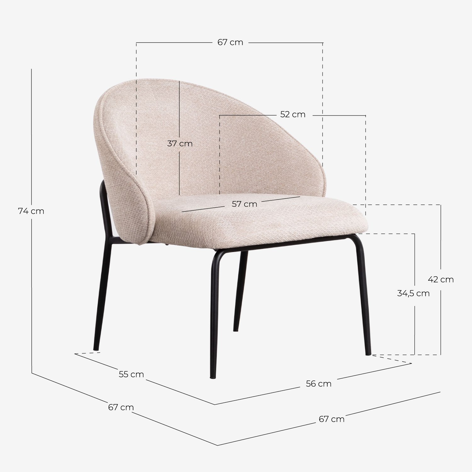 Pack 2 Fauteuils en Tissu et Métal Emna, dimensions