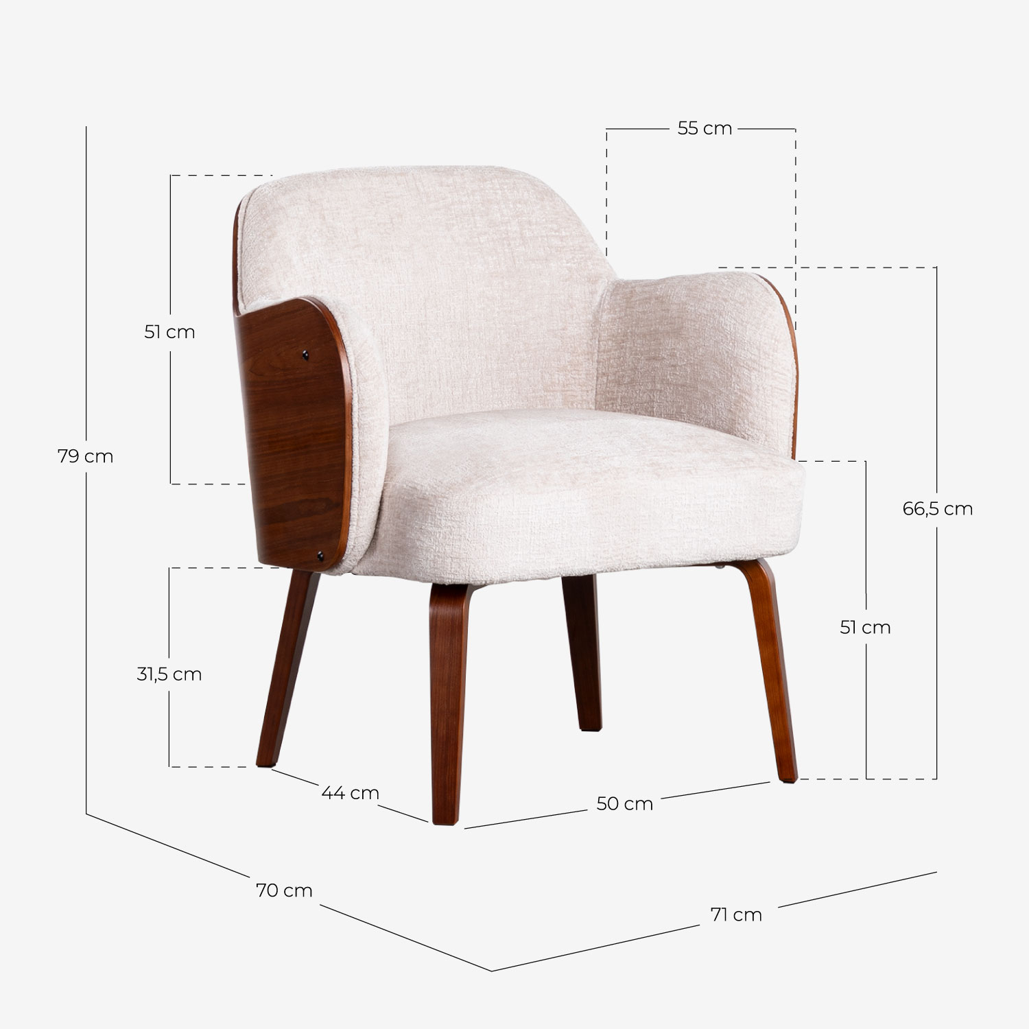 Pack 2 Fauteuils avec Accoudoirs en Bois et Tissu Denia, dimensions