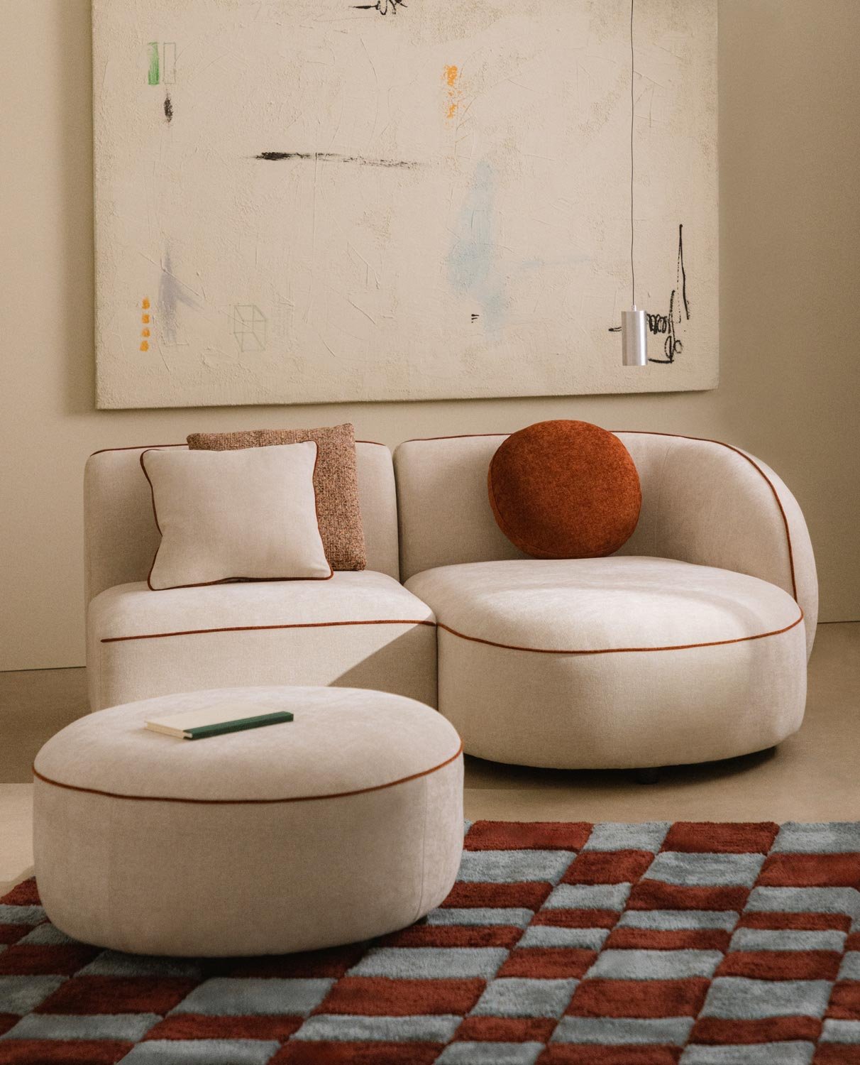 Canapé Méridienne Modulable 2 Pièces avec Fauteuil et Pouf Rond en Tissu Ilham , image de la gelerie 2