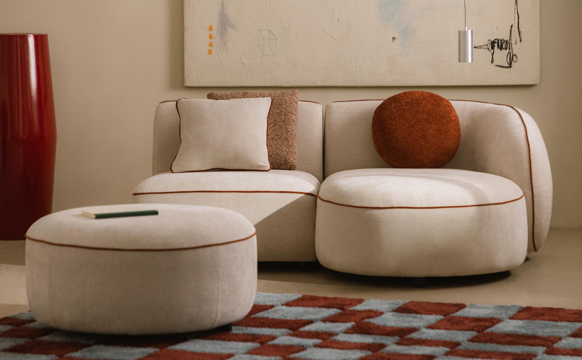 Canapé Méridienne Modulable 2 Pièces avec Fauteuil et Pouf Rond en Tissu Ilham , image de la gelerie 1