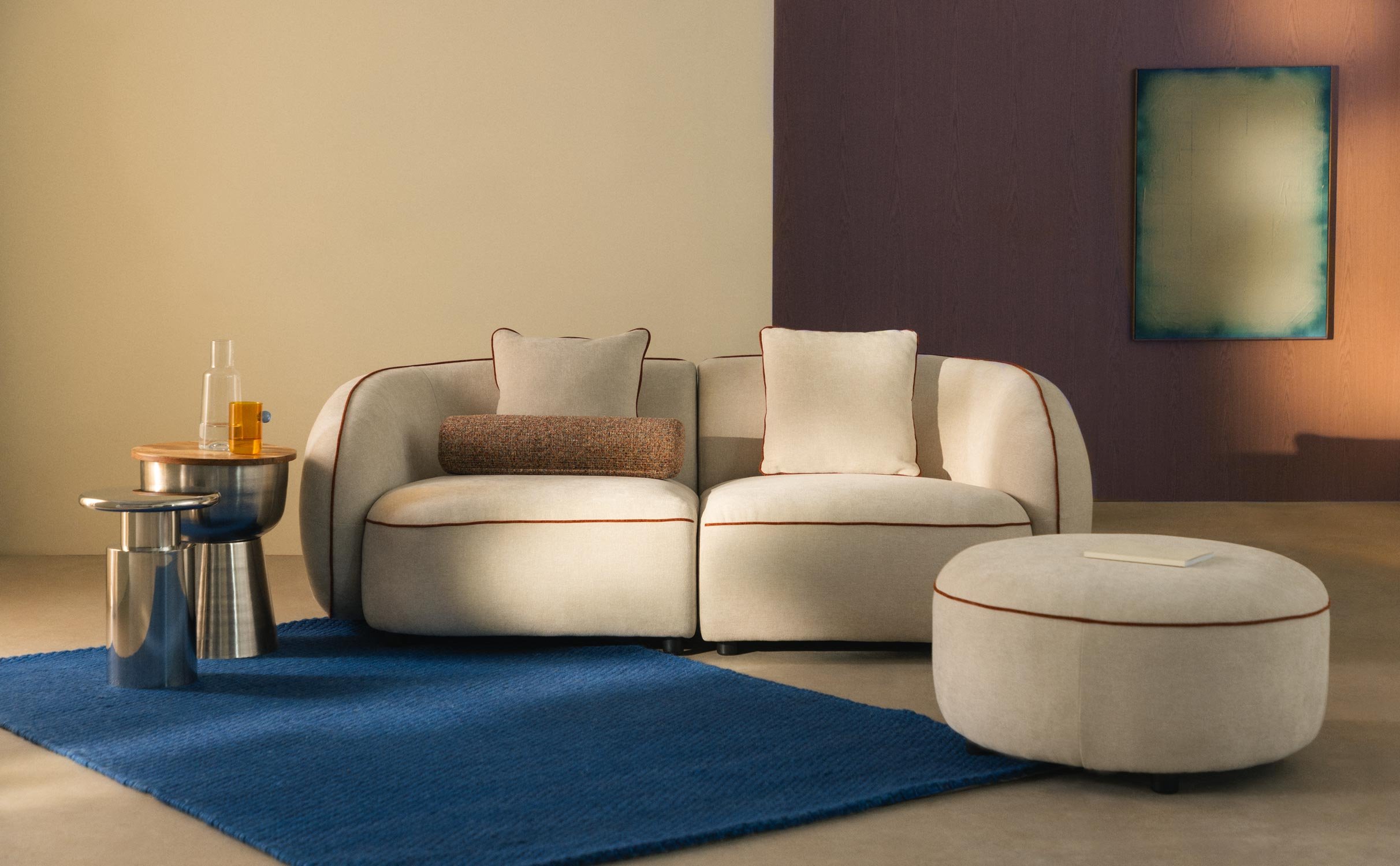 Canapé d'angle Modulable 2 Pièces avec Pouf Rond en Tissu Ilham , image de la gelerie 1