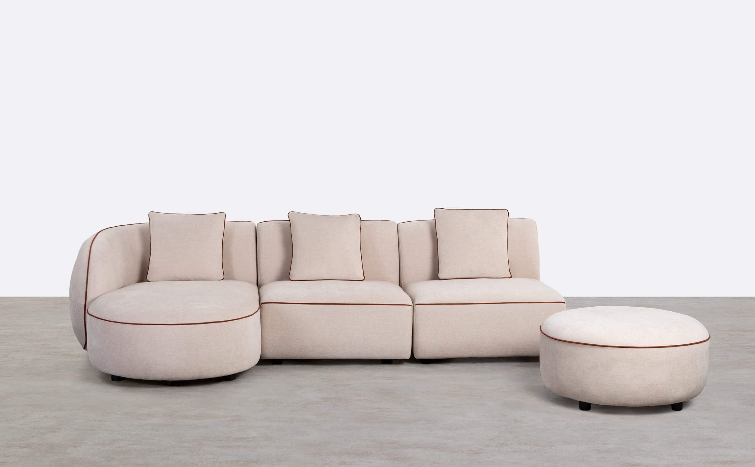 Canapé Méridienne Modulable 3 Pièces avec 2 Fauteuils et Pouf Rond en Tissu Ilham, image de la gelerie 1