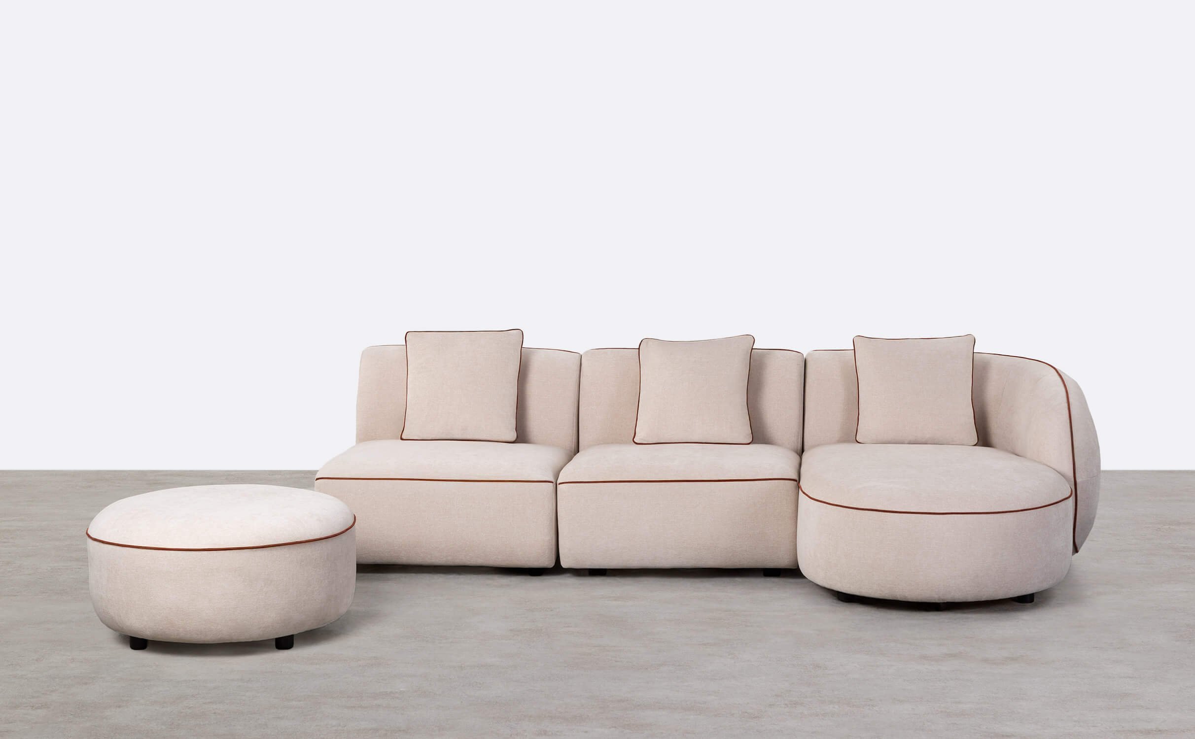 Canapé Méridienne Modulable 3 Pièces avec 2 Fauteuils et Pouf Rond en Tissu Ilham, image de la gelerie 1