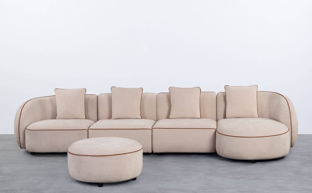 Canapé D'Angle Modulable 4 Pièces avec Méridienne et Pouf Rond en Tissu Ilham 