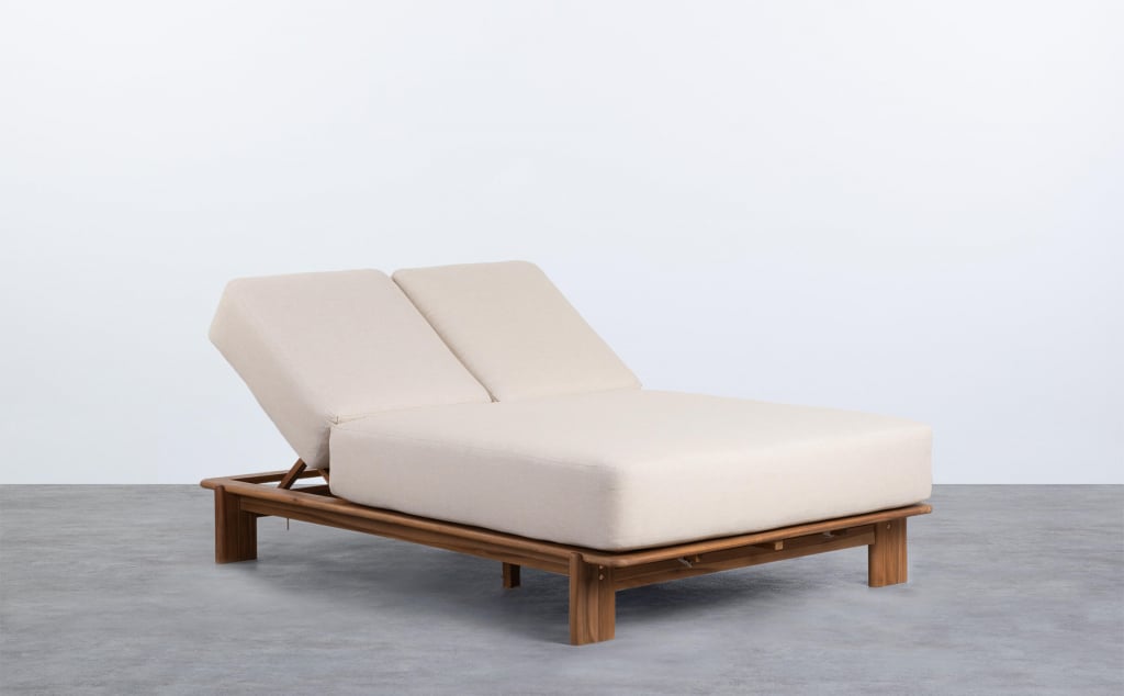 Chaise Longue Double Inclinable en Bois d'Acacia avec Coussin en Tissu Cael 