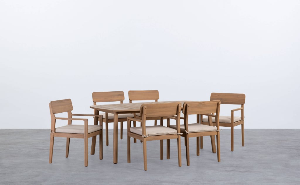 Ensemble Table de Jardin Rectangulaire (180x100 cm) et 6 Fauteuils avec Accoudoirs en Bois d'Acacia Marla