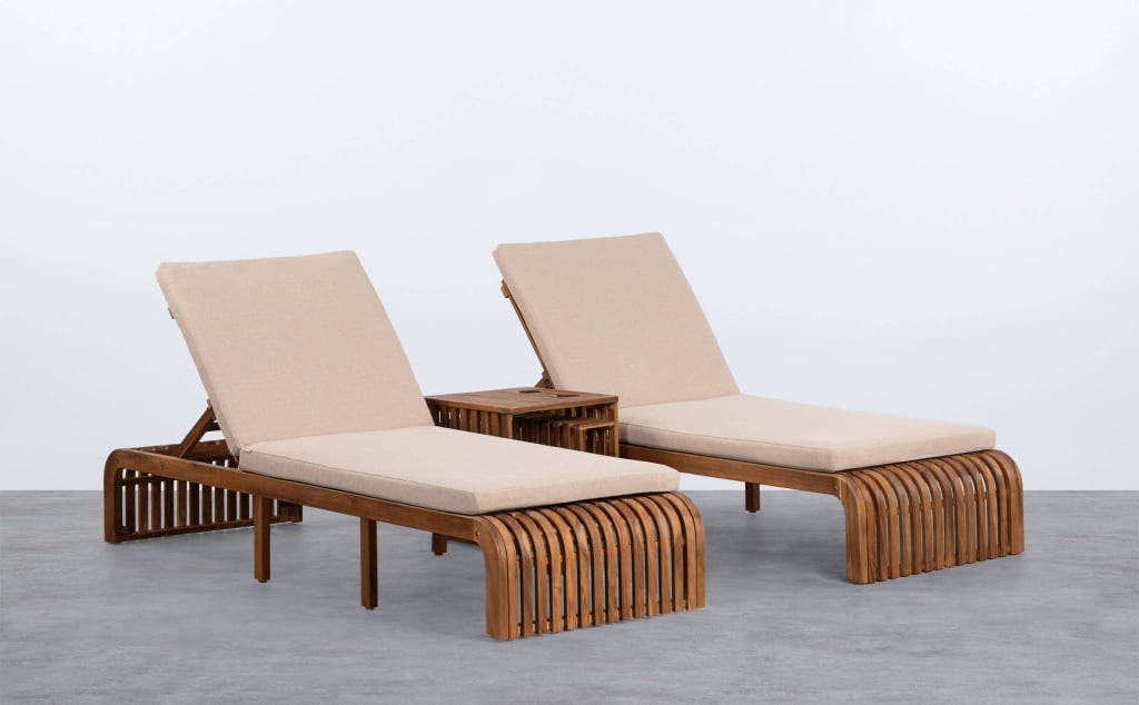 Pack 2 Chaises Longues et Table d'Appoint en Bois d'Acacia Hazan