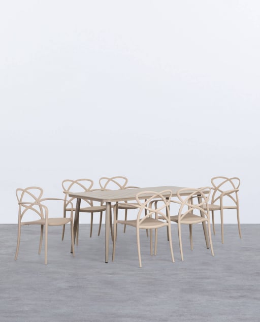 Ensemble Table Rectangulaire en Aluminium Cancun et 6 Chaises en Polypropylène avec Accoudoirs d'Extérieur Cielo