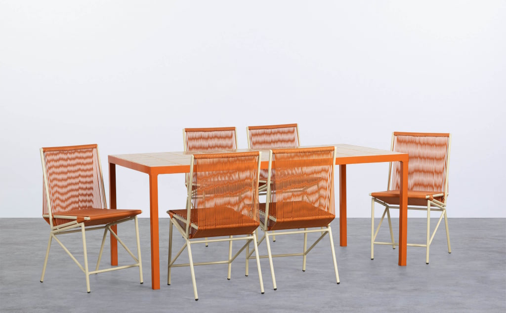 Ensemble de Table à Manger Rectangulaire avec Céramique Zafiro et 6 Chaises Amur en Rotin et Métal
