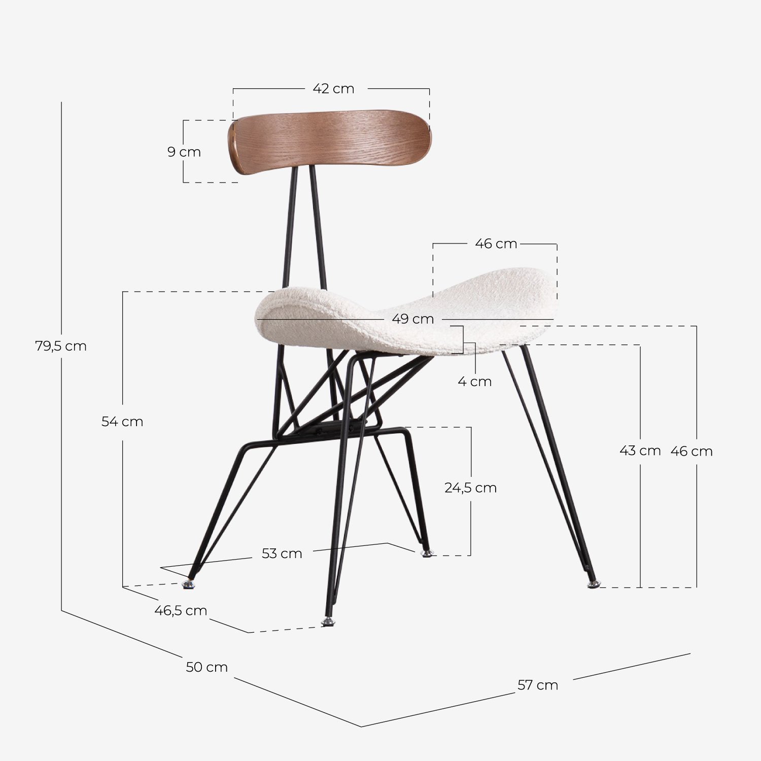 Pack 2 Chaises de Salle à Manger en Tissu et Bois Brunela, dimensions
