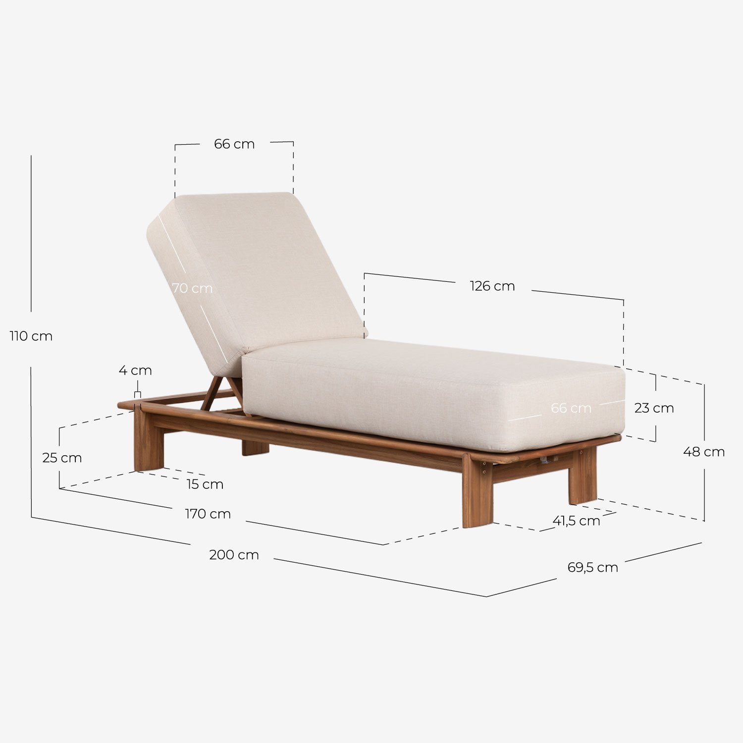 Pack de 2 Chaises Longues Inclinables en Bois d'Acacia avec Coussin en Tissu Cael, dimensions