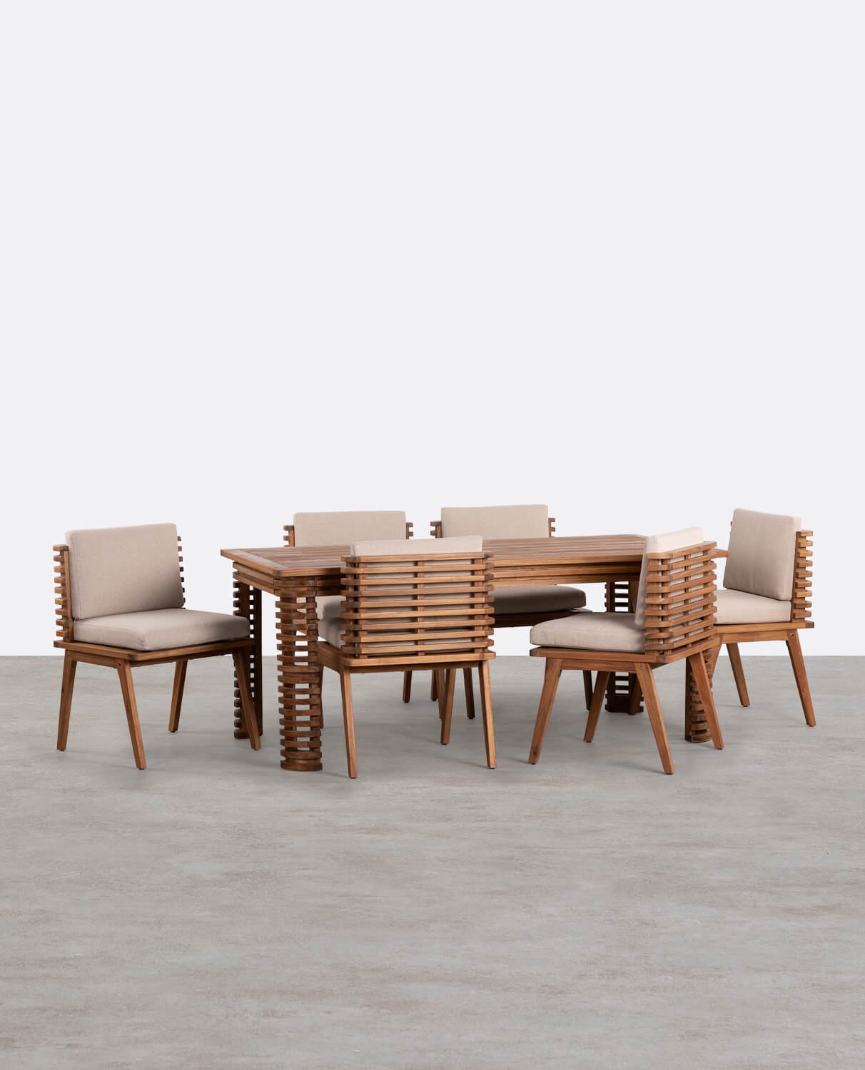 Ensemble Table Rectangulaire et 6 Chaises en Bois d'Acacia et Tissu d'Extérieur Hazan, image de la gelerie 1