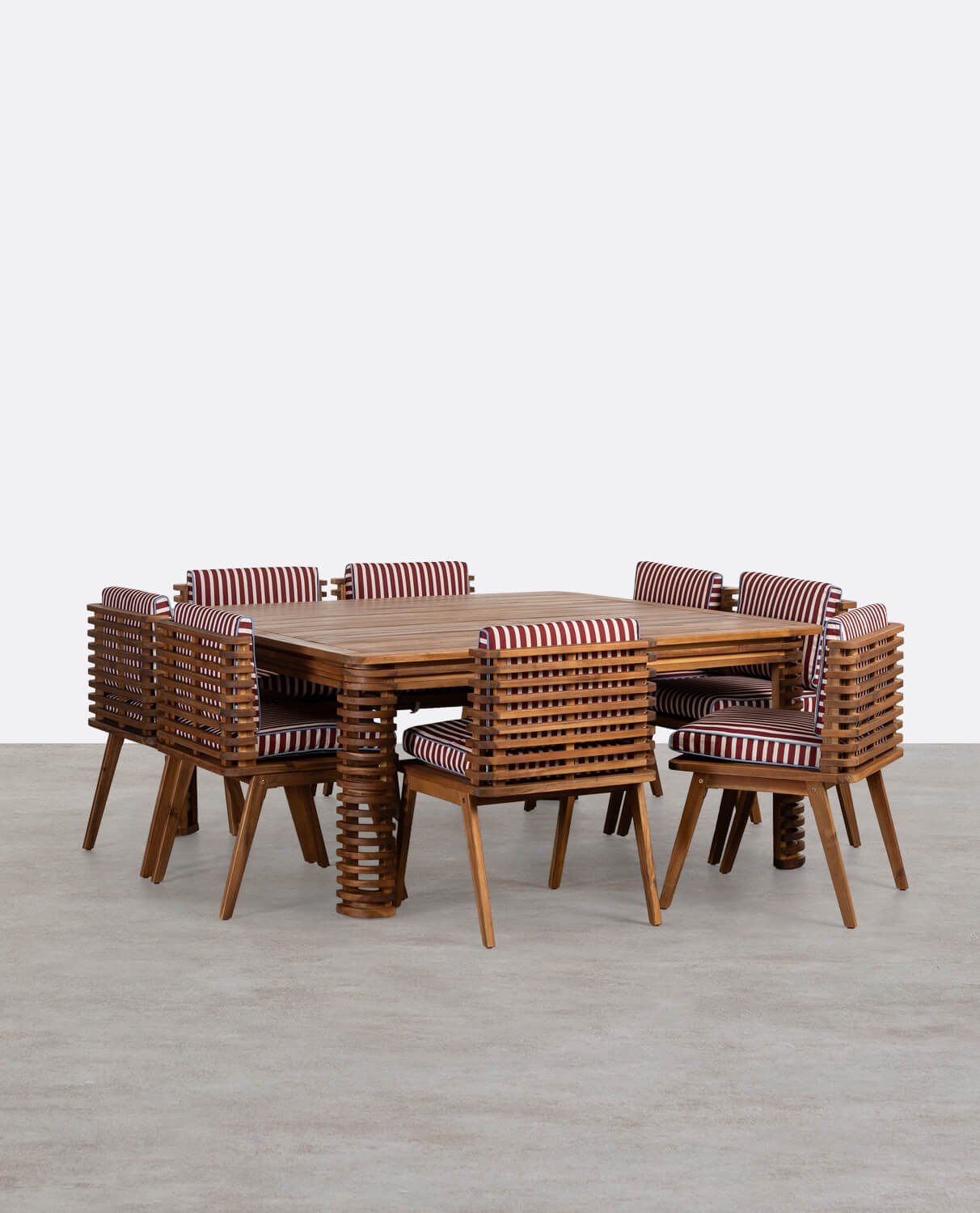 Ensemble de Table Carrée (160x160 cm) et 8 chaises en Bois d´ Acacia et Tissu d'Extérieur Hazan, image de la gelerie 1