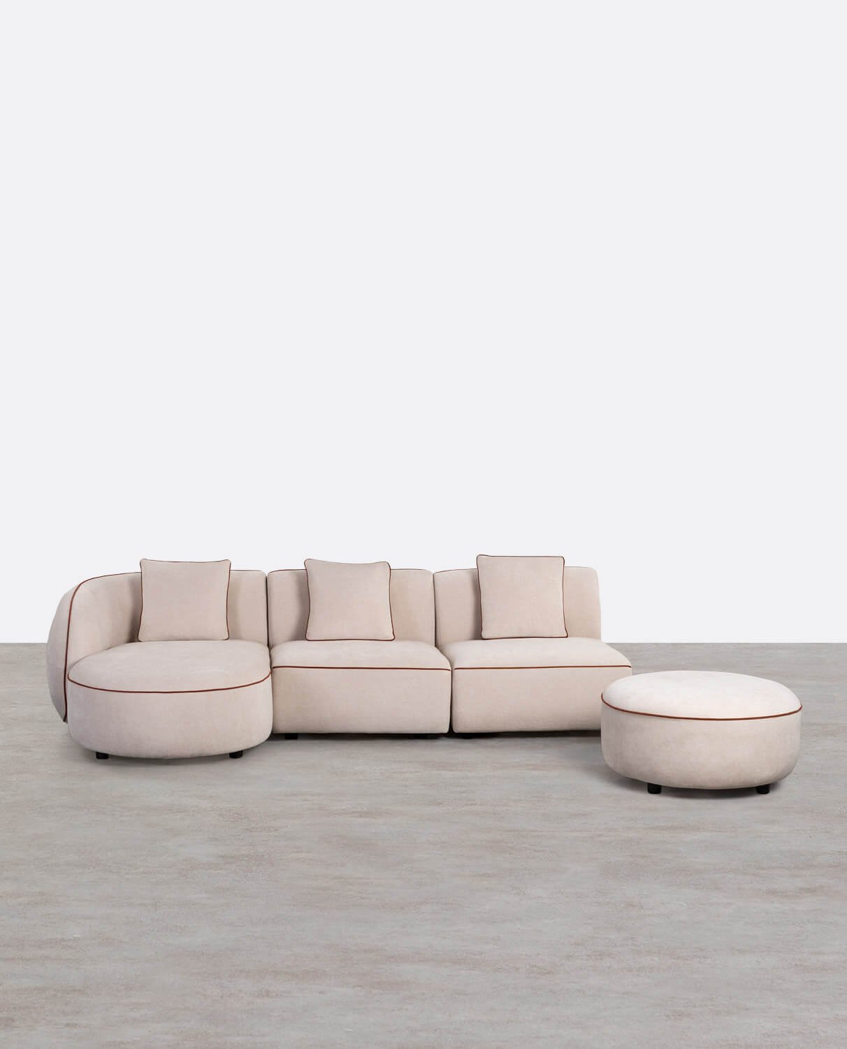 Canapé Méridienne Modulable 3 Pièces avec 2 Fauteuils et Pouf Rond en Tissu Ilham, image de la gelerie 1