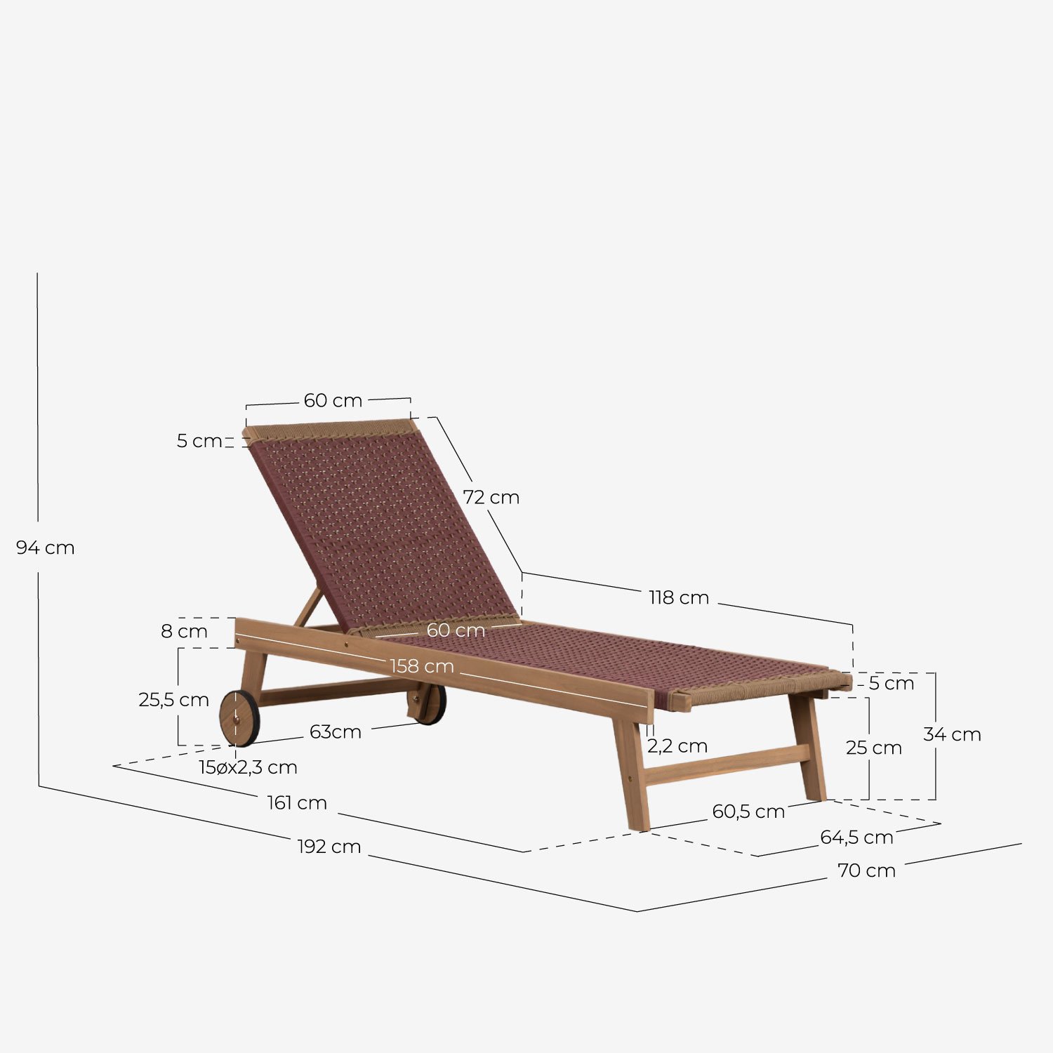Pack de 2 Chaises Longues en Bois d'Acacia et Corde avec Roulettes Mirle, dimensions