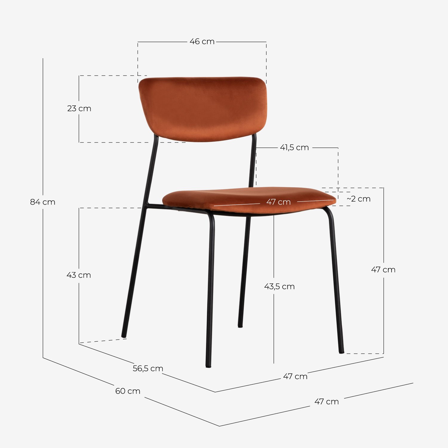 Pack 2 Chaises de Salle à Manger en Métal et Velours Morgan, dimensions