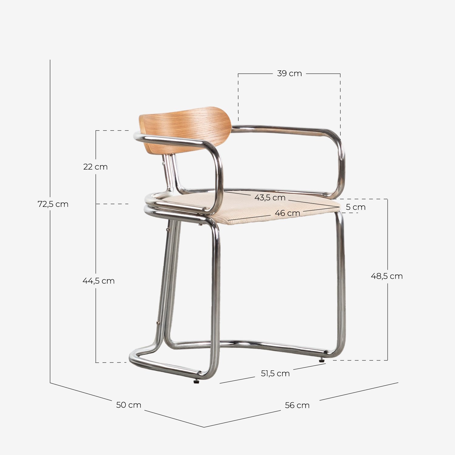 Chaise de Salle à Manger en Velours Côtelé Épais et Bois avec Accoudoirs Teba , dimensions