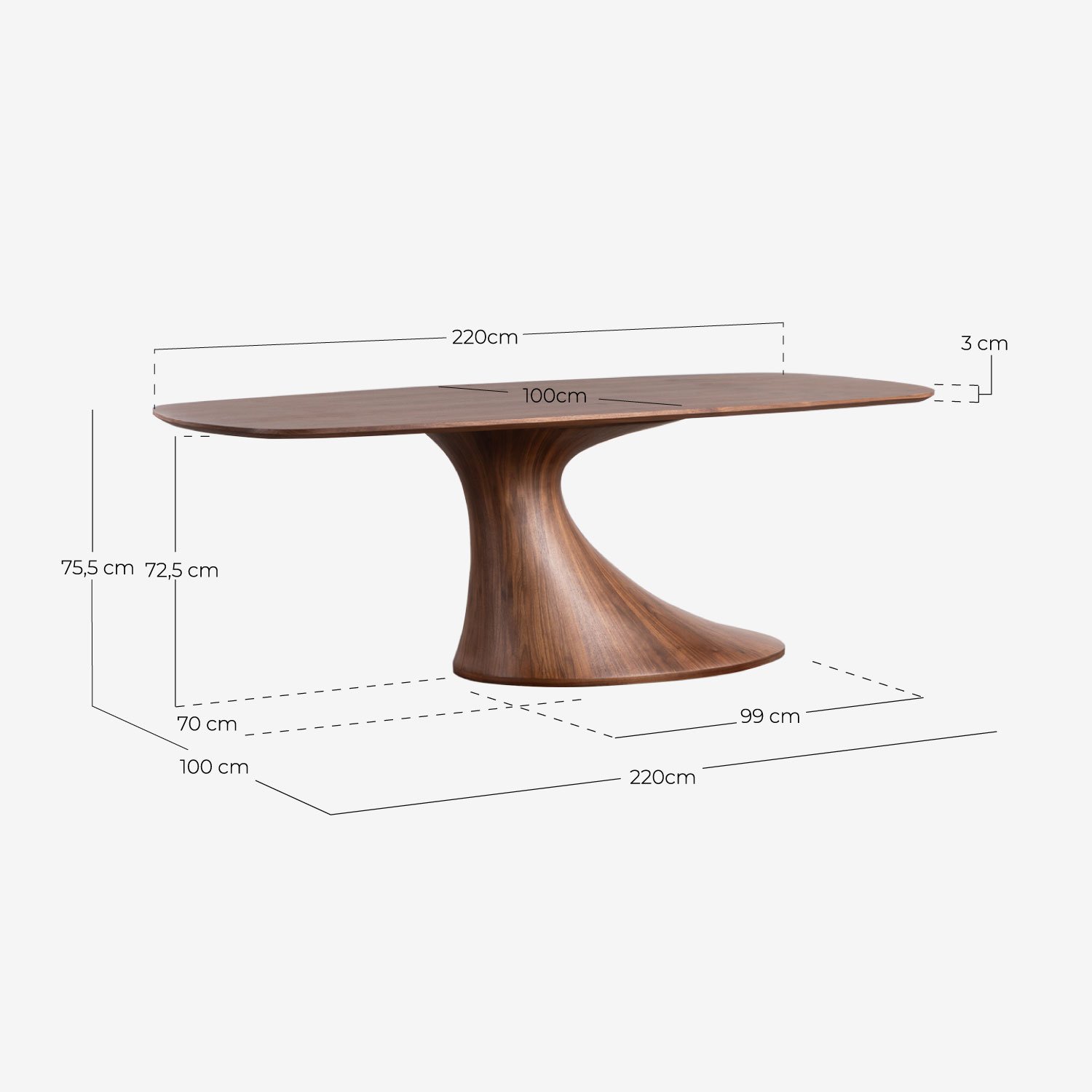 Table de Salle à Manger Rectangulaire en Bois et Fibre de Verre (220x100 cm) Flawas, dimensions