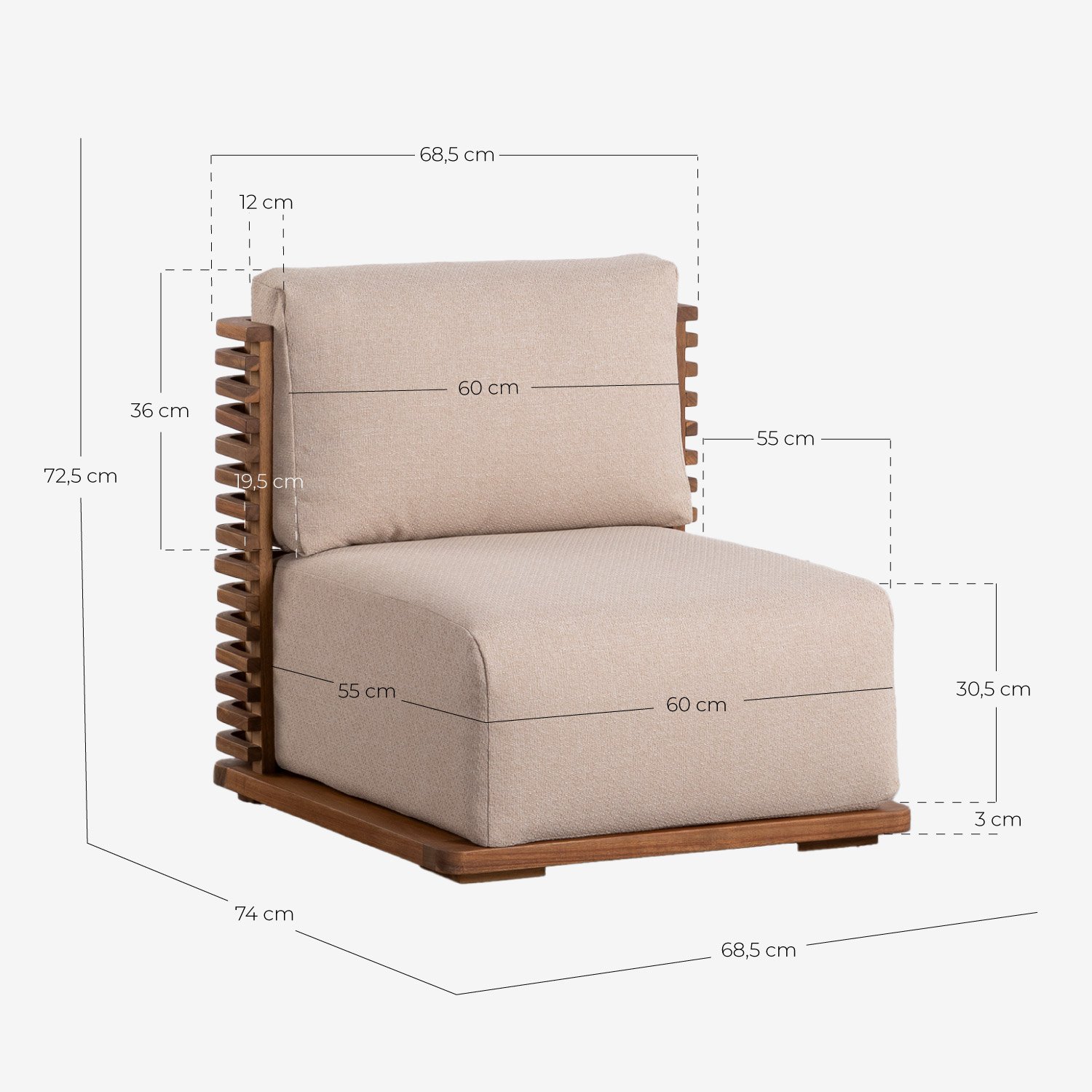 Chaise de Jardin en Bois d'Acacia avec Coussins en Tissu Hazan, dimensions