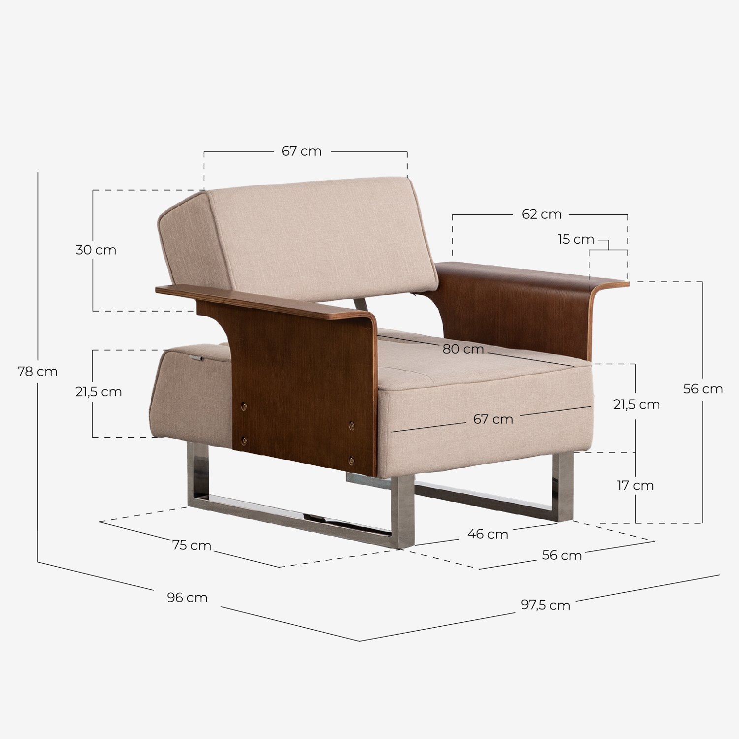 Fauteuil Inclinable avec Accoudoirs en Bois et Tissu 70S, dimensions