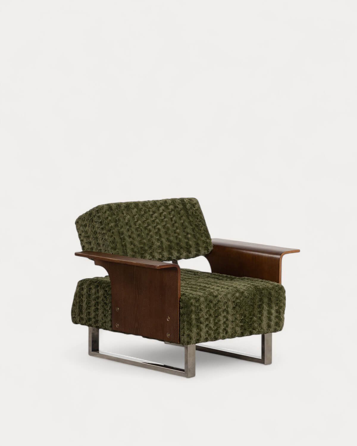 Fauteuil Inclinable avec Accoudoirs en Bois et Tissu 70s Furry, image de la gelerie 1