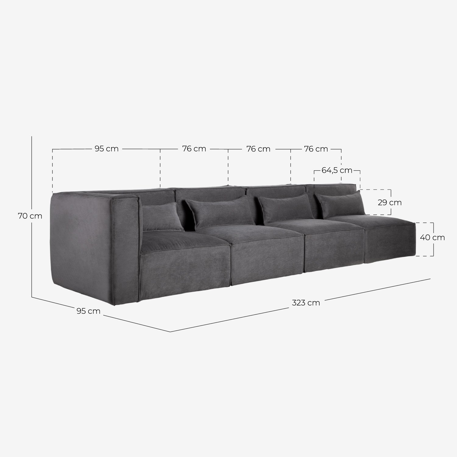 Canapé Modulaire 4 Pièces avec 3 Fauteuils en Velours Côtelé Kilhe, dimensions