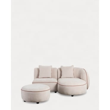 Canapé Méridienne Modulable 2 Pièces avec Fauteuil et Pouf Rond en Tissu Ilham Beige Seashell & Chaise longue droite - The Masie