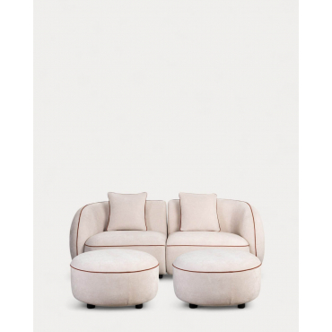 Canapé Modulable avec 2 Pièces D'Angle et 2 Poufs Ronds en Tissu Ilham Beige Seashell - The Masie