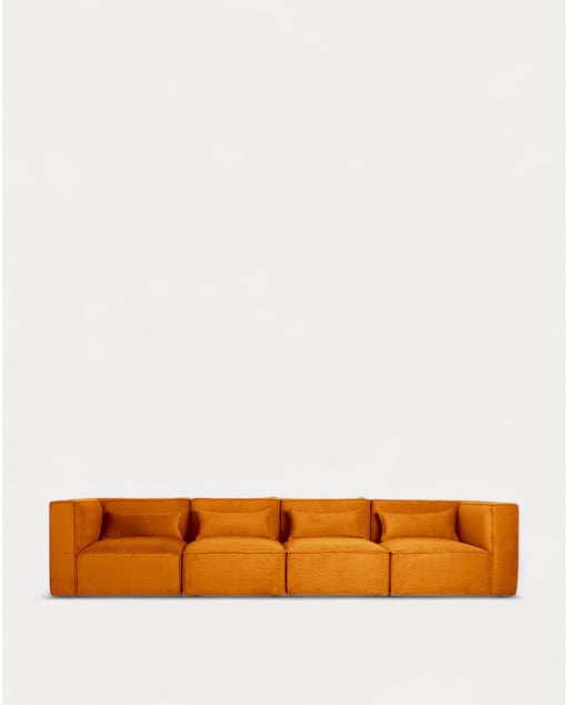 Canapé Modulaire 4 Pièces avec 2 Fauteuils d'Angle en Velours Côtelé Kilhe - Velours -Jaune Curry