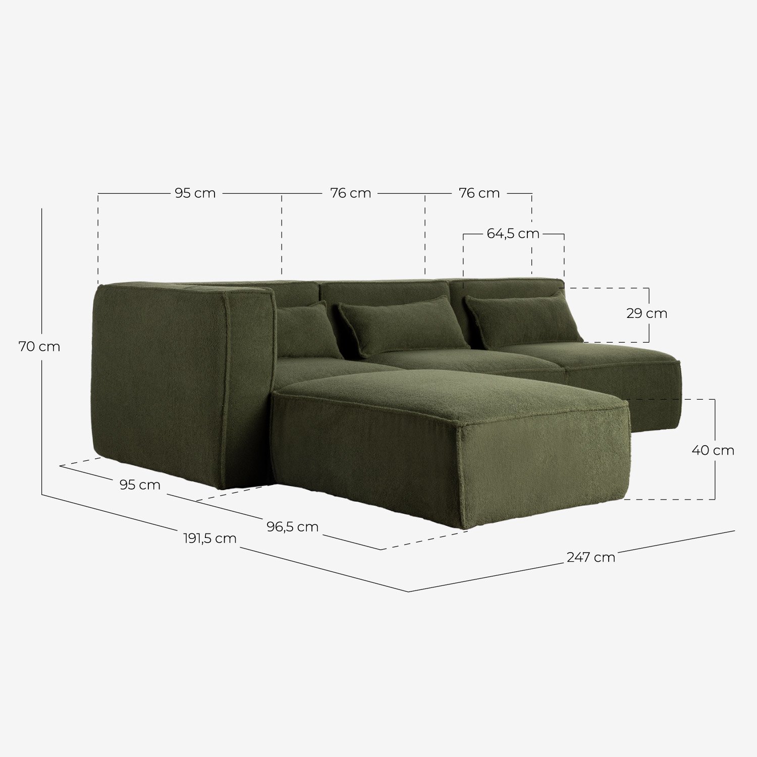 Canapé Modulable 3 Pièces avec 2 Fauteuils et Pouf en Tissu Bouclé Kilhe, dimensions