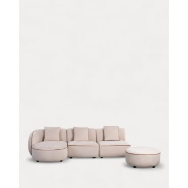 Canapé Méridienne Modulable 3 Pièces avec 2 Fauteuils et Pouf Rond en Tissu Ilham Beige Seashell & Chaise longue gauche - The Masie