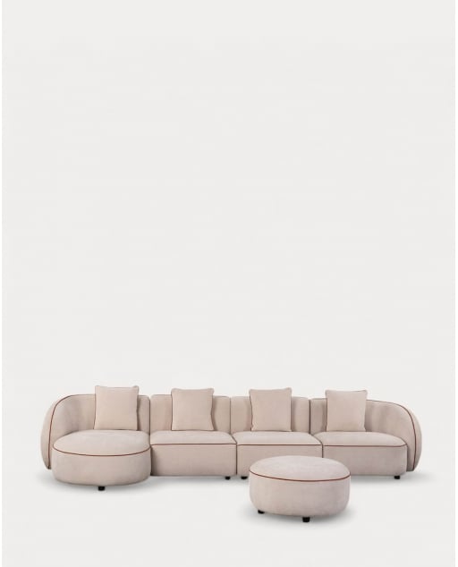 Canapé D'Angle Modulable 4 Pièces avec Méridienne et Pouf Rond en Tissu Ilham - Beige Seashell