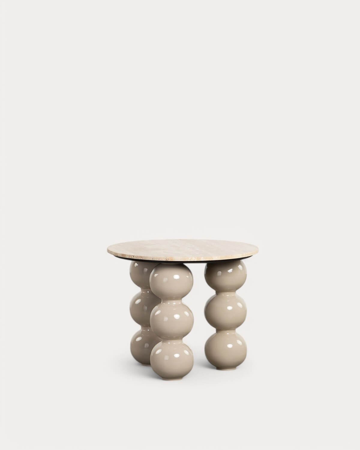 Table d'Appoint Ronde en Marbre Travertin et Métal (Ø60 cm) Mousa, image de la gelerie 1