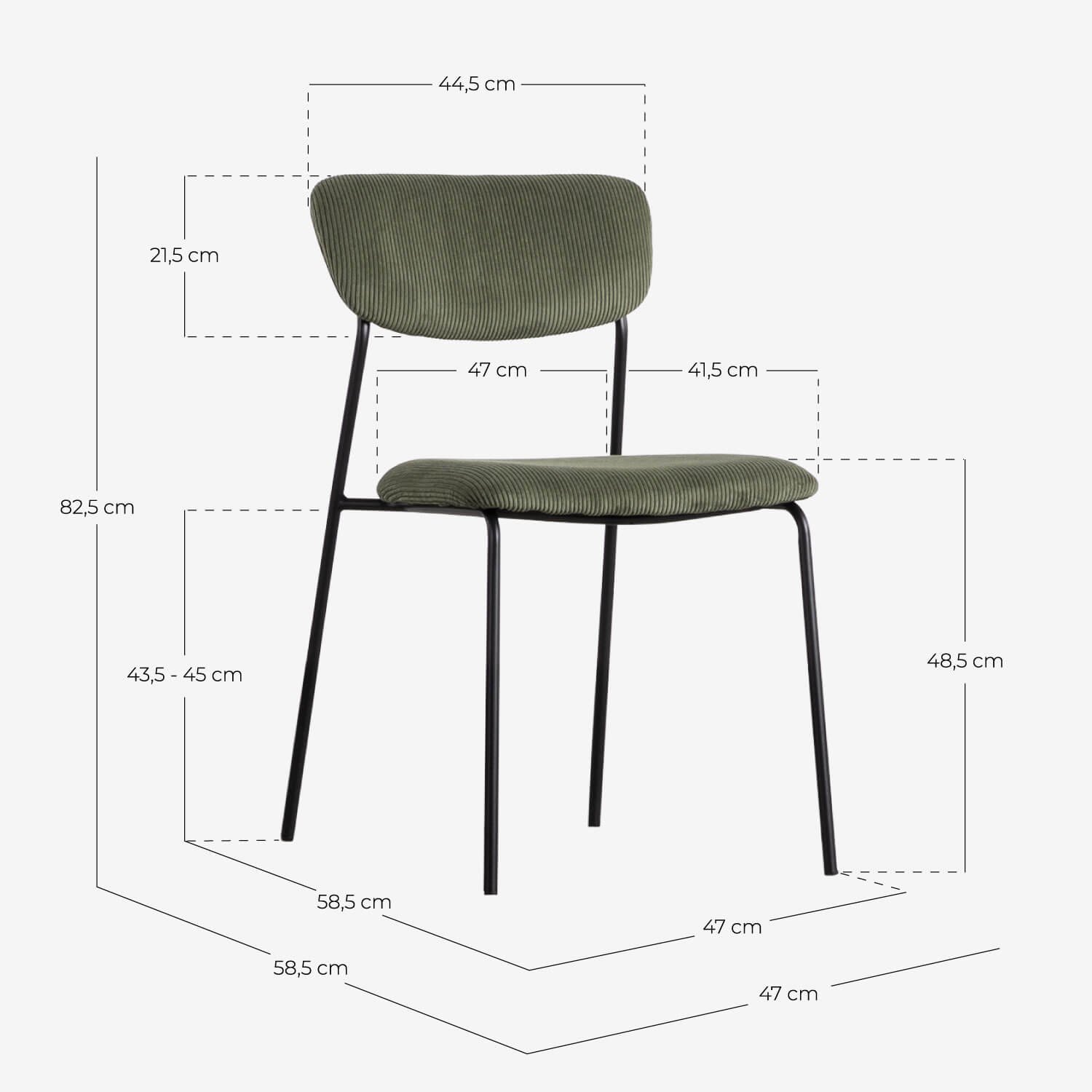 Pack 2 Chaises de Salle à Manger en Métal et Velours Côtelé Morgan, dimensions