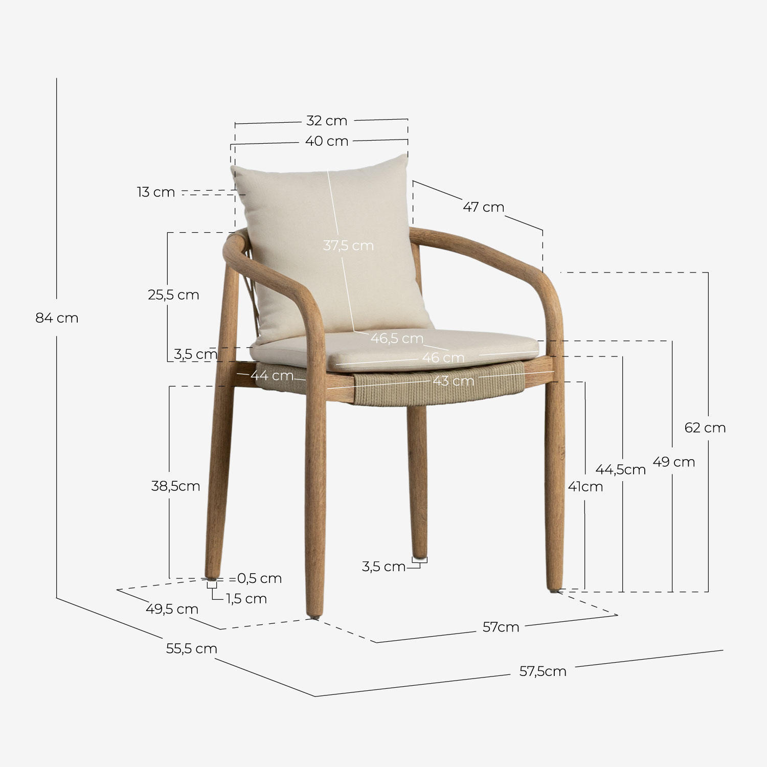 Chaise d'Extérieur en Bois d'Acacia Loli avec Coussin, dimensions