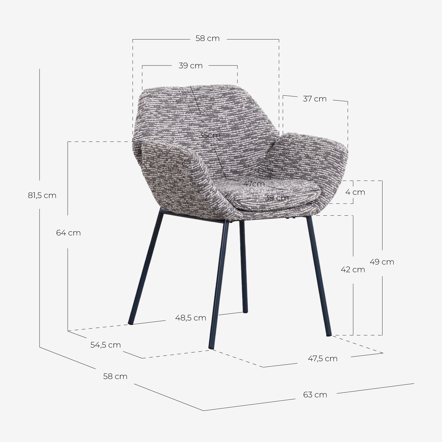 Pack 4 Chaises de Salle à Manger en Tissu avec Eider Imprimé et Métal , dimensions