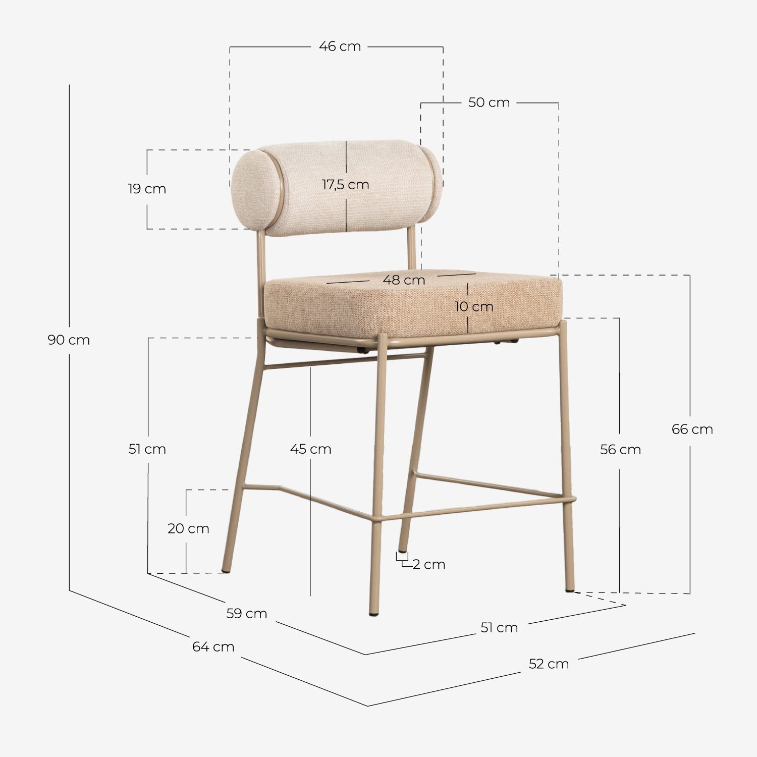 Tabouret Haut en Tissu et Métal (64,5 cm)  Elin Soft, dimensions