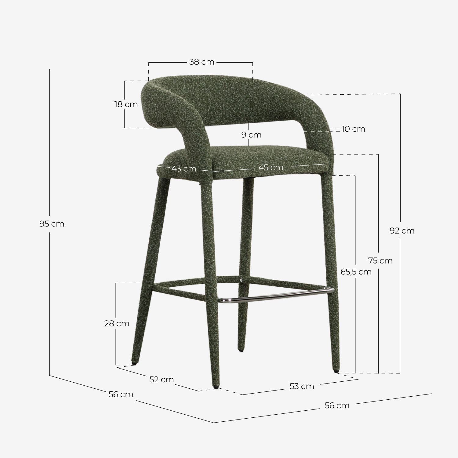 Pack 4 Tabourets Hauts en Tissu et Métal (75 cm) Ewen, dimensions