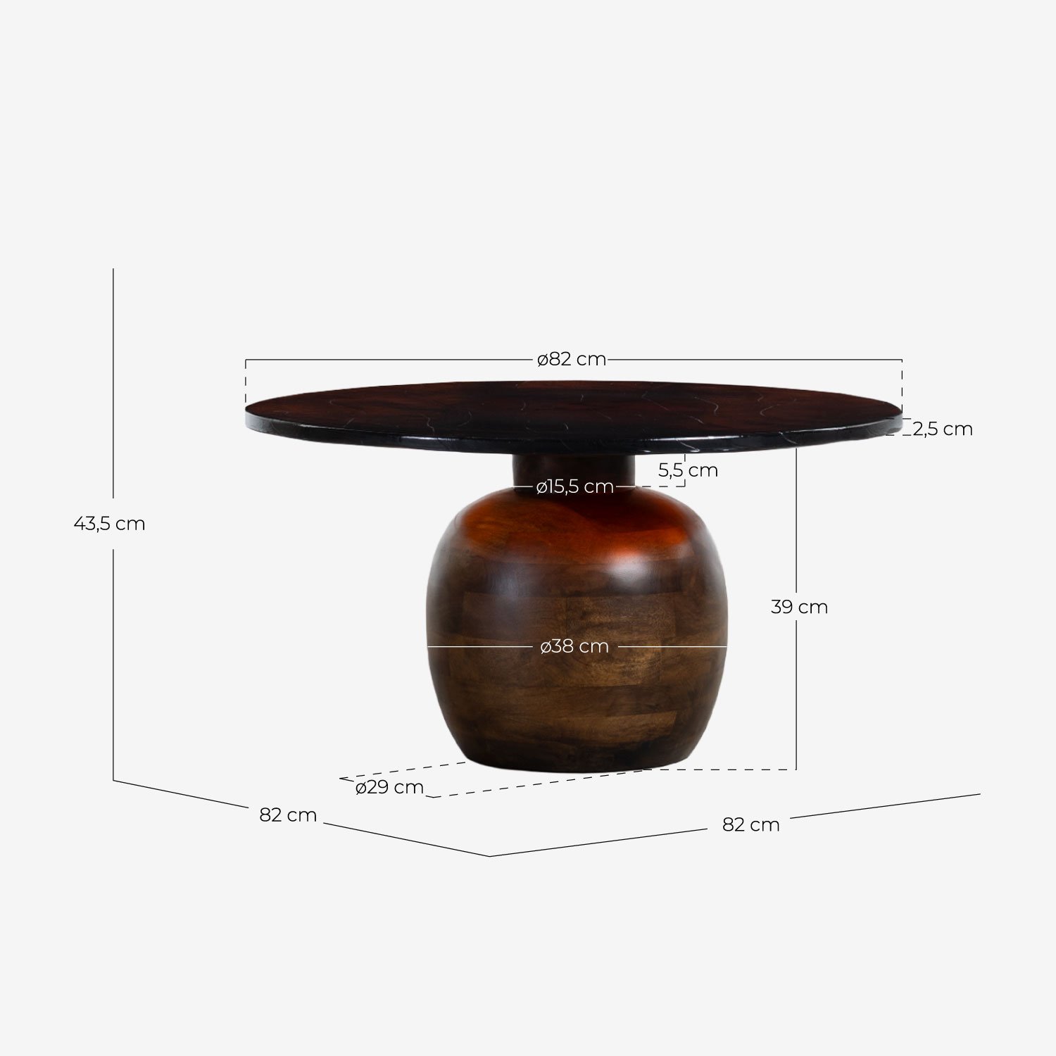 Table Basse Ronde en Bois de Manguier et Verre (Ø82 cm) Diua, dimensions