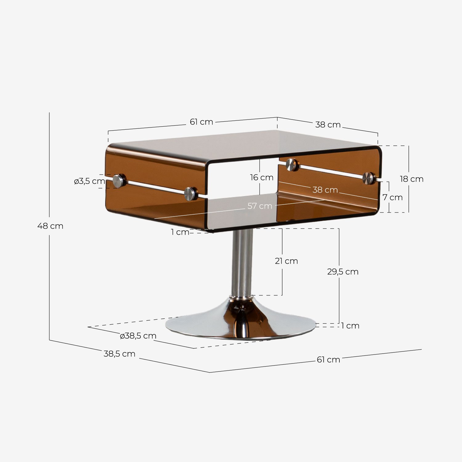 Table d'Appoint Rectangulaire en Verre et Métal (61x38 cm) Hedy, dimensions