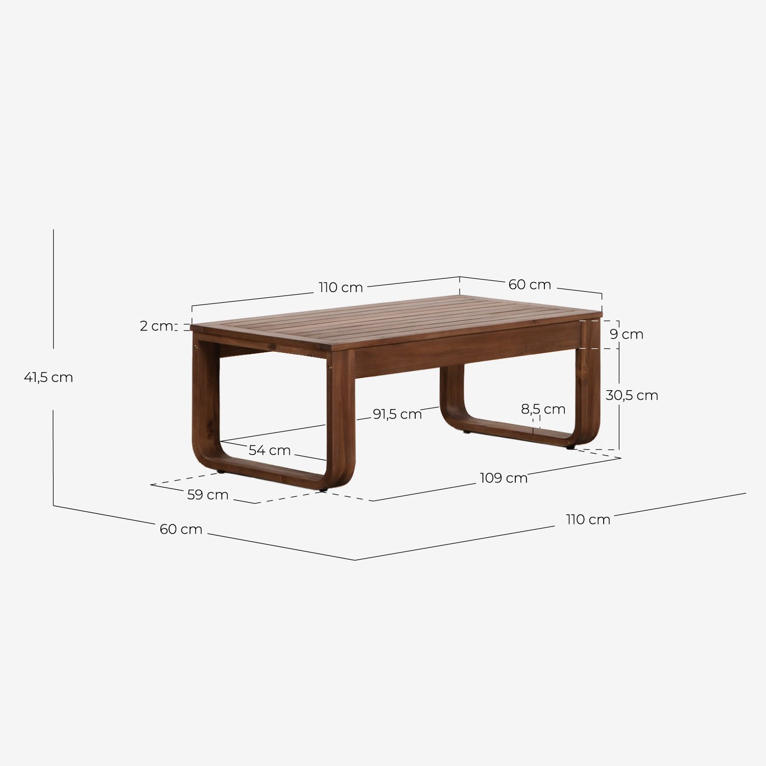 Table Basse Rectangulaire en Bois d'Acacia (110x60 cm) Moad, dimensions