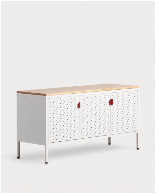 Buffet Bas 3 portes 115x40 cm en Acier Laminé et Bois de Pin Varys - Blanc Alabaster