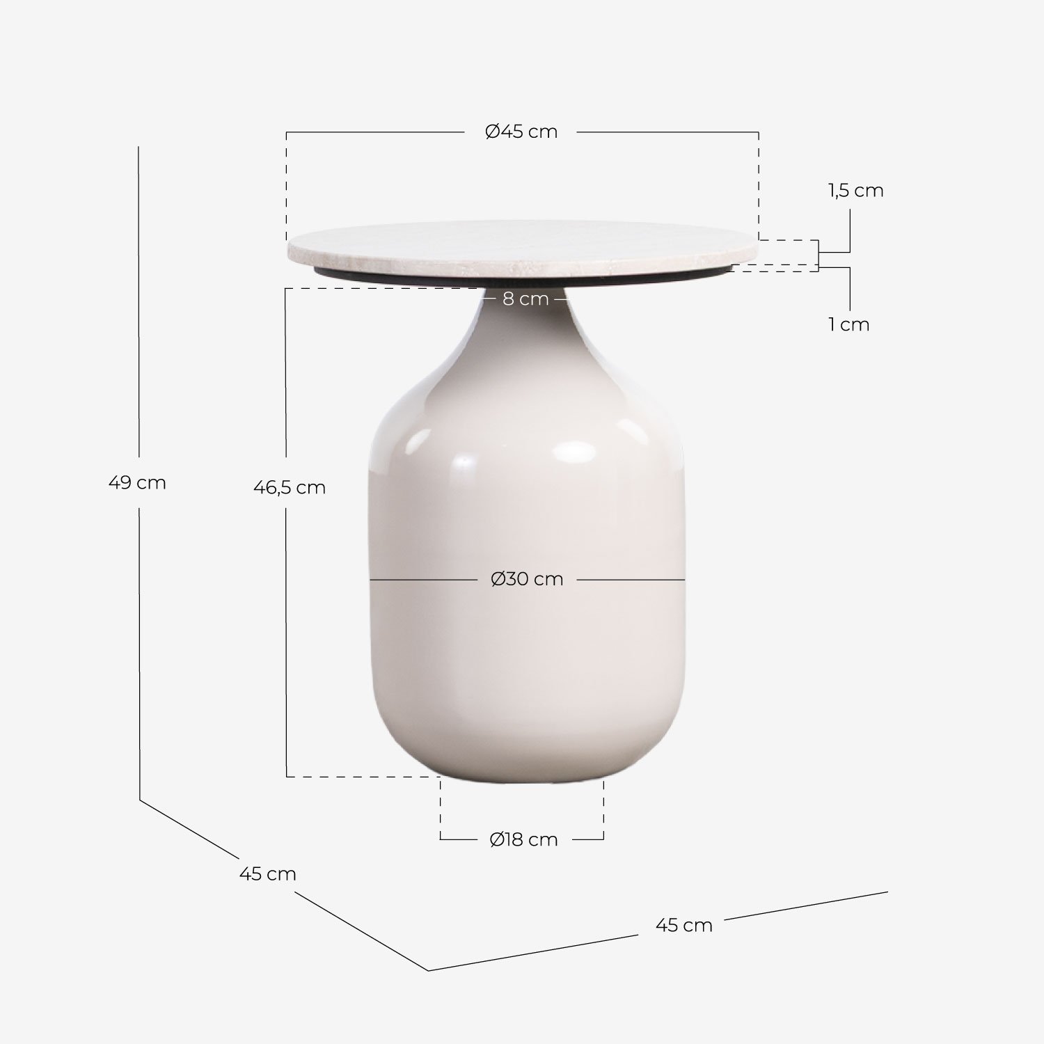 Table d'Appoint Ronde en Marbre Travertin et Métal (Ø45 cm) Meryn, dimensions