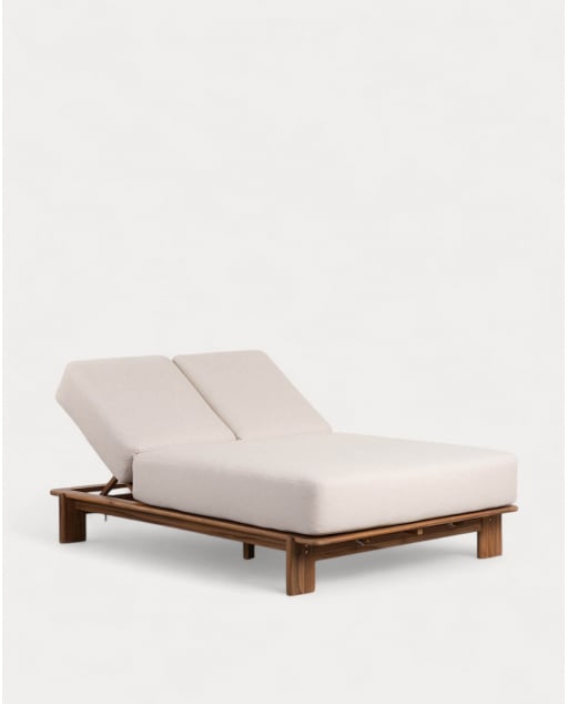 Chaise Longue Double Inclinable en Bois d'Acacia avec Coussin en Tissu Cael