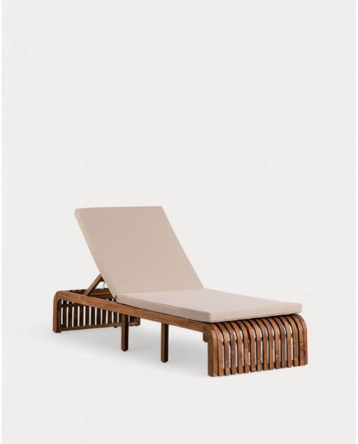 Chaise Longue Inclinable en Bois d'Acacia avec Coussin en Tissu Hazan - Beige Seashell