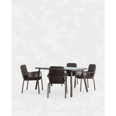 Set de Table Rectangulaire (160 x 90 cm) en Aluminium et Verre avec 4 Chaises d'Extérieur Drian Gris taupe et Marron - The Masie