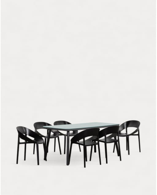 Ensemble Table Rectangulaire en Aluminium et Verre (160x90 cm) Drian et 6 Chaises d'Extérieur en Polypropylène Lara