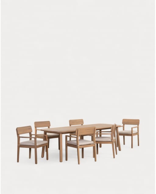 Table Rectangulaire (240x100 cm) en Bois d'Acacia et 6 Chaises avec Accoudoirs d'Extérieur Mirla