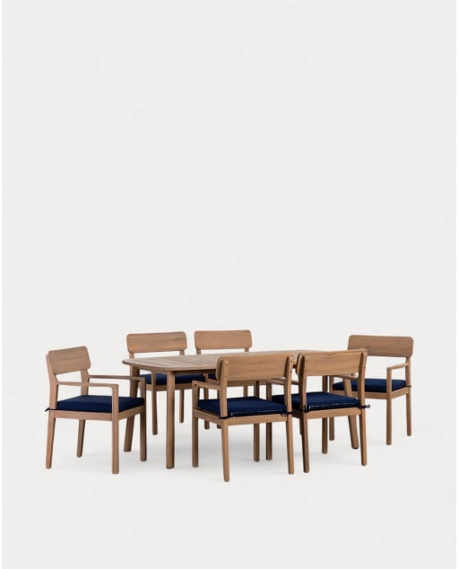 Ensemble Table Rectangulaire (180x100 cm) et 6 Chaises en Bois d'Acacia avec Accoudoirs Extérieur Mirla