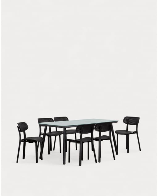 Set Table Rectangulaire Drian en Aluminium et Verre (160 x 90 cm) avec 6 Chaises d'Extérieur Dasi en Polypropylène
